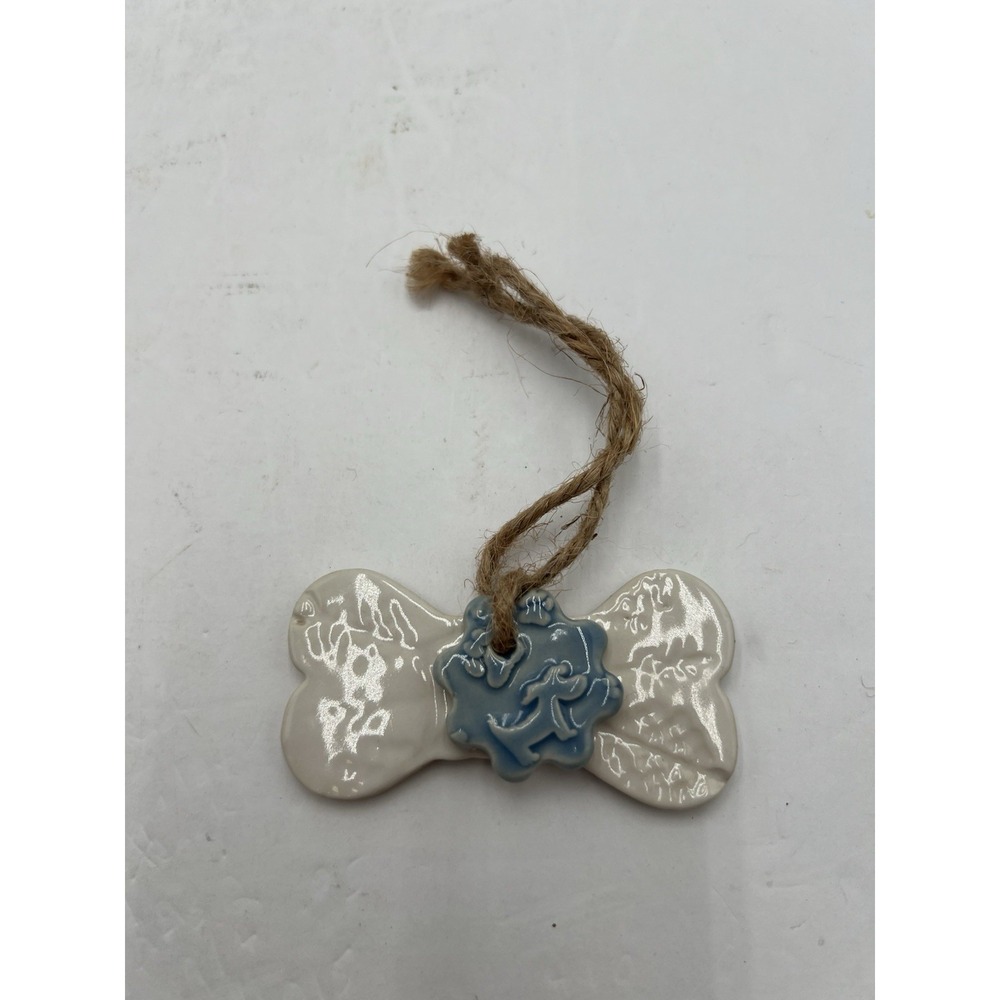 Ceramic Dog Bone Ornament Blue White Floral Jute Hanging Pet Lover Decor 3.5"